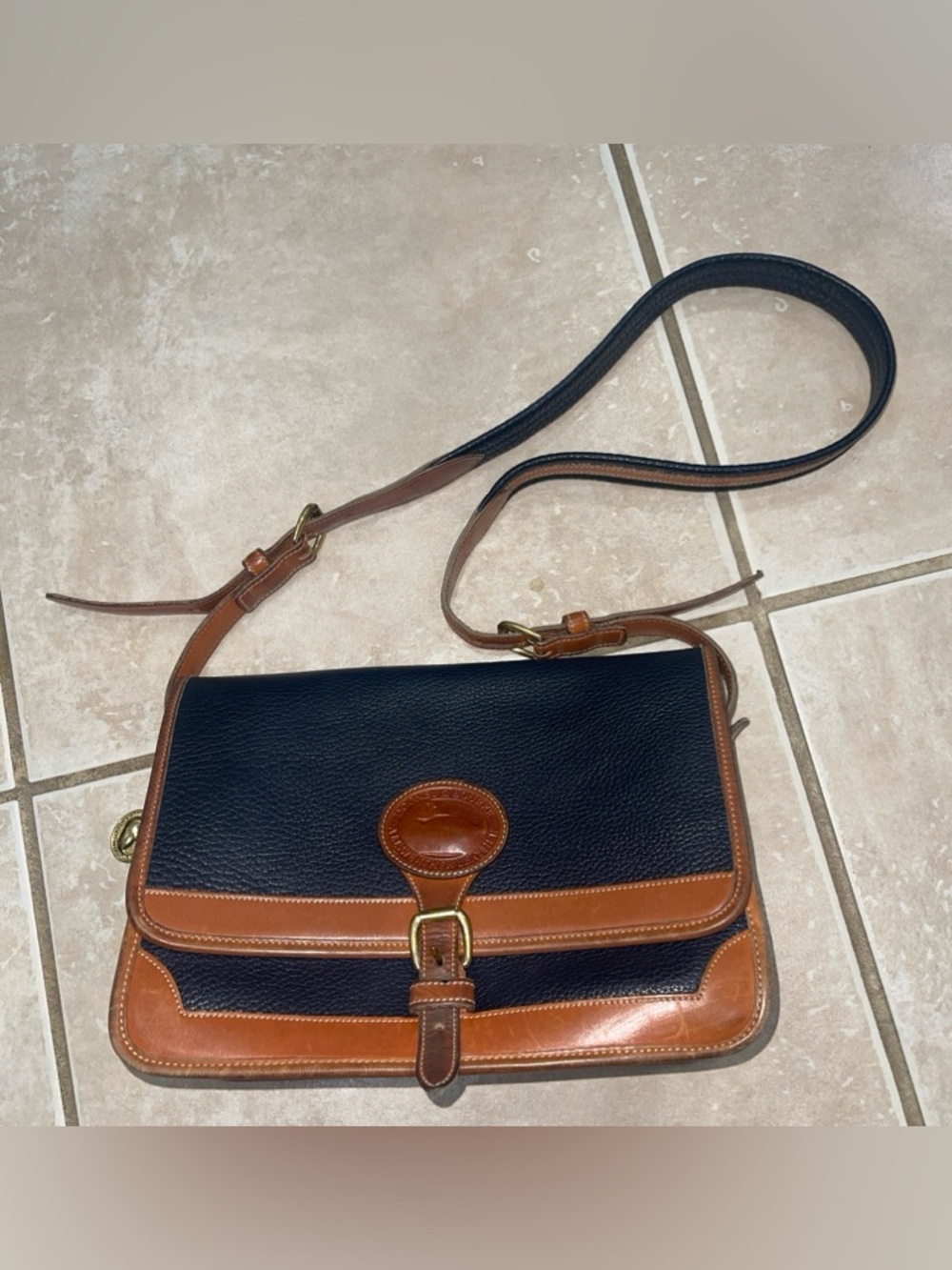 Dooney & Bourke Navy Tan Leather Vintage Crossbody Bag Vintage